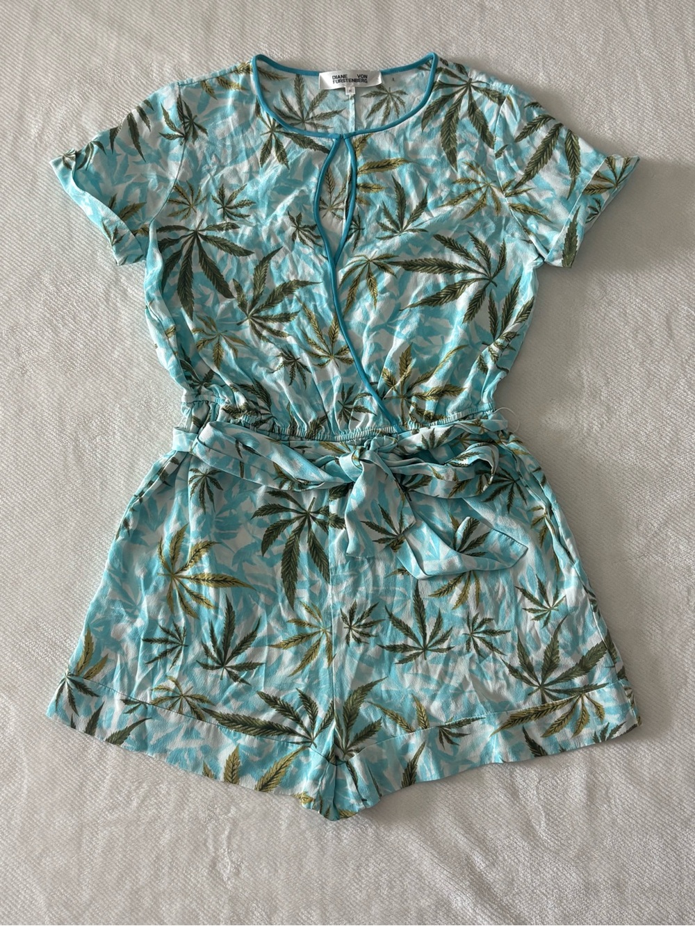 Diane Von Furstenberg Aqua Leaf-Print Women’s One-Piece Romper
